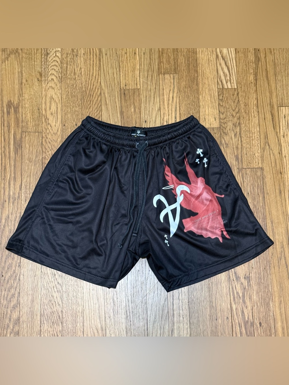 Saint Potential Black Men's Athletic Shorts with Red Graphic size SMALL